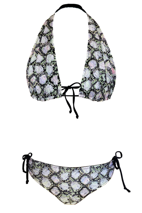 Bikini 4 Positions Réversible Cherie "Python Olive/Noir Solide"